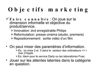 Objectifs marketing Faire connaître : On joue sur la dimension informelle et objective du produit/service. Innovation: dvd enregistrable Philips Reformulation: presse cinéma (studio, premiere) Repositionnement:  sortie vidéo d’un film On peut mixer des paramètres d’information. Ex:  on mixe 2 et  3 dans le  secteur des ordinateurs => I mac d’Apple Ex: Idem pour le service Darty ou les laboratoires Fnac. Jouer sur les attentes latentes dans la catégorie en question. 