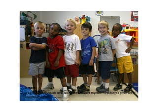 • A	team		
• is	a	group	of	individuals	who	cooperate	and	work	together	to	achieve	a	given	set	of	
objec.ves	or	goals	(Horodyski,	1995).
 