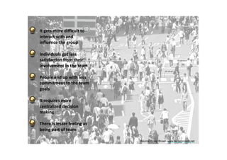 It	gets	more	diﬃcult	to	
interact	with	and	
inﬂuence	the	group	
Individuals	get	less	
saLsfacLon	from	their	
involvement	in	the	team	
People	end	up	with	less	
commitment	to	the	team	
goals	
It	requires	more	
centralized	decision	
making		
There	is	lesser	feeling	as	
being	part	of	team
Source: Craig Brown www.betterproject.net
 