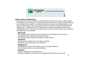 Quatre valeurs fédératrices 
Les valeurs clés d’une entreprise constituent le terreau de sa culture. Elles guident
l'entreprise et fournissent, à un groupe multidimensionnel, un socle culturel commun.
Leur objectif est d'orienter le comportement et les actions des collaborateurs de la
banque. BNP Paribas s’est choisi quatre valeurs clés dont il rappelle régulièrement
l’importance, notamment lors de l’évaluation annuelle à laquelle sont soumis les
collaborateurs pour mesurer leur performance en termes de réactivité, de créativité,
d’engagement et d’ambition.	
■ Réactivité 
Être rapide dans l’évaluation des situations et des évolutions comme dans
l’identification des opportunités et des risques. 
Être efficace dans la prise de décision et dans l’action.	
■ Créativité 
Promouvoir les initiatives et les idées nouvelles. 
Distinguer les auteurs pour leur créativité.	
■ Engagement 
S’impliquer au service des clients et de la réussite collective. 
Être exemplaire dans ses comportements.	
■ Ambition 
Goût du challenge et du leadership. 
Volonté de gagner en équipe une compétition dont l’arbitre est le client.
80
 