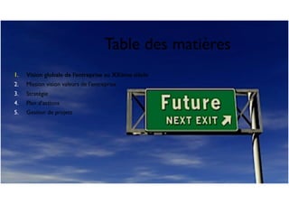 Table des matières
1. Vision globale de l’entreprise au XXème siècle
2. Mission vision valeurs de l’entreprise
3. Stratégie
4. Plan d’actions
5. Gestion de projets
 