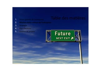 Table	des	ma.ères1. Vision	globale	de	l’entreprise	
2. Mission	vision	valeurs	de	l’entreprise	
3. Stratégie		
4. Plan	d’ac.ons	
5. Ges.on	de	projets
 