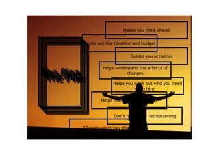 http://flickr.com/photos/xabier-martinez/225627841/
The PlanThe PlanThe PlanThe PlanThe PlanThe PlanThe Plan
Changes once you start
Guides you activities
Makes you think ahead
Helps you work out who you need
to hire
Helps manage expectations
Don’t forget the retroplanning
Works out the timeline and budget
Helps understand the effects of
changes
 