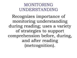 MONITORING UNDERSTANDING Recognizes importance of monitoring understanding during reading; uses a variety of strategies to support comprehension before, during, and after reading (metcognition). 
