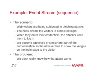 © MapR Technologies, confidential
®
© MapR Technologies, confidential
Example: Event Stream (sequence)
•  The scenario:
–  Web visitors are being subjected to phishing attacks
–  The hook directs the visitors to a mocked login
–  When they enter their credentials, the attacker uses
them to log in
–  We assume captcha’s or similar are part of the
authentication so the attacker has to show the images
on the login page to the visitor
•  The problem:
–  We don’t really know how the attack works
 