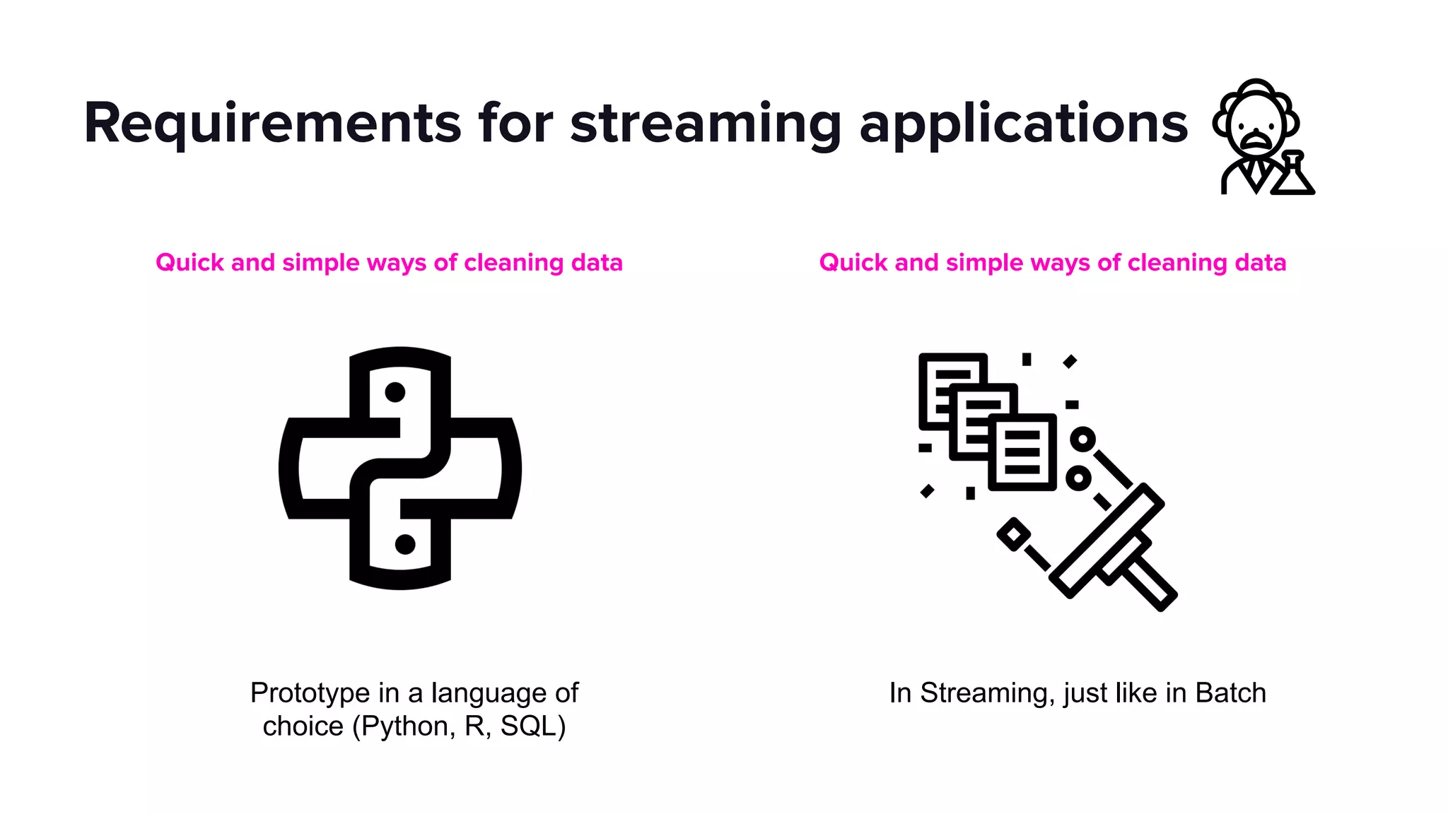 Requirements for streaming applications
In Streaming, just like in Batch
Quick and simple ways of cleaning data
Prototype in a language of
choice (Python, R, SQL)
Quick and simple ways of cleaning data
 