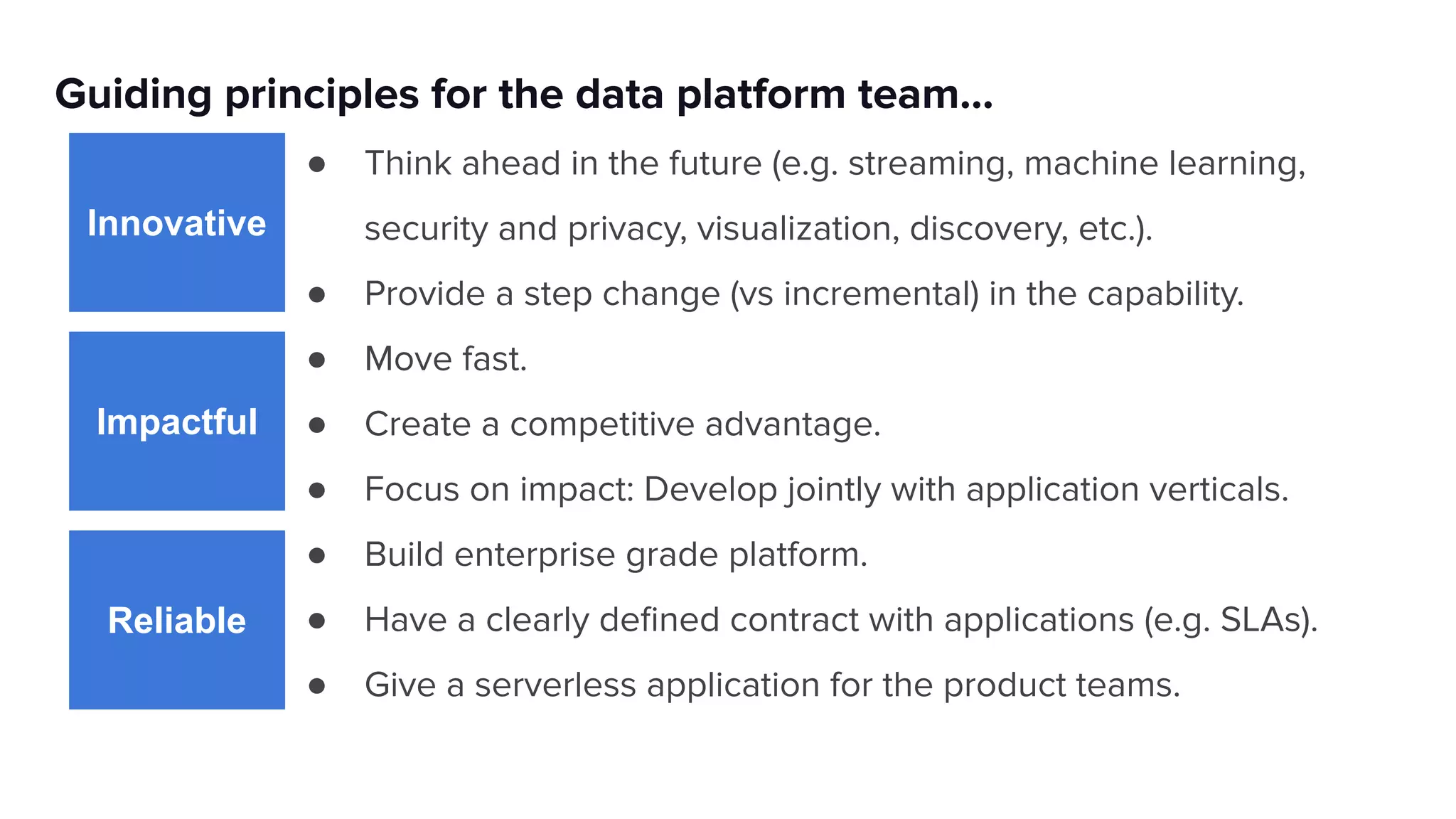 ● Think ahead in the future (e.g. streaming, machine learning,
security and privacy, visualization, discovery, etc.).
● Provide a step change (vs incremental) in the capability.
● Move fast.
● Create a competitive advantage.
● Focus on impact: Develop jointly with application verticals.
● Build enterprise grade platform.
● Have a clearly deﬁned contract with applications (e.g. SLAs).
● Give a serverless application for the product teams.
Guiding principles for the data platform team...
Innovative
Impactful
Reliable
 