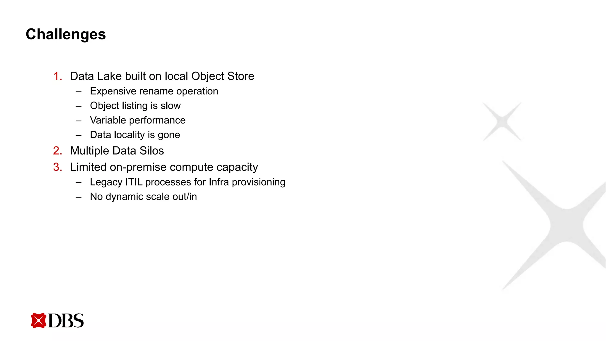 Challenges
1. Data Lake built on local Object Store
– Expensive rename operation
– Object listing is slow
– Variable performance
– Data locality is gone
2. Multiple Data Silos
3. Limited on-premise compute capacity
– Legacy ITIL processes for Infra provisioning
– No dynamic scale out/in
 