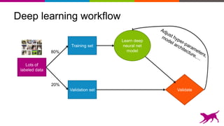 Deep learning workflow
Lots of
labeled data
Training set
Validation set
80%
20%
Learn deep
neural net
model
Validate
 