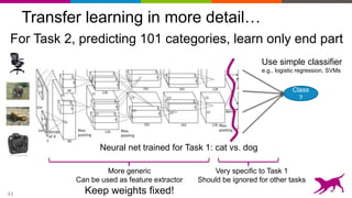 43
Transfer learning in more detail…
Neural net trained for Task 1: cat vs. dog
Very specific to Task 1
Should be ignored for other tasks
More generic
Can be used as feature extractor
Keep weights fixed!
For Task 2, predicting 101 categories, learn only end part
Use simple classifier
e.g., logistic regression, SVMs
Class
?
 