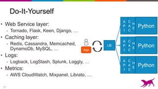 57
Do-It-Yourself
• Web Service layer:
- Tornado, Flask, Keen, Django, …
• Caching layer:
- Redis, Cassandra, Memcached,
DynamoDb, MySQL, …
• Logs:
- Logback, LogStash, Splunk, Loggly, …
• Metrics:
- AWS CloudWatch, Mixpanel, Librato, …
A
P
I
C
A
C
H
E
A
P
I
C
A
C
H
E
A
P
I
C
A
C
H
E
LB
GLC
Model
GLC
Model
GLC
Model
Python
Python
Python
App
 