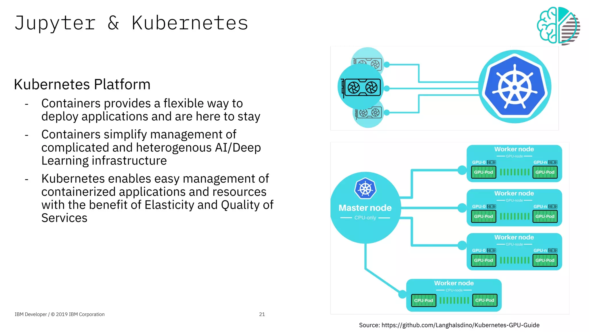 Jupyter & Kubernetes
Kubernetes Platform
- Containers provides a flexible way to
deploy applications and are here to stay
- Containers simplify management of
complicated and heterogenous AI/Deep
Learning infrastructure
- Kubernetes enables easy management of
containerized applications and resources
with the benefit of Elasticity and Quality of
Services
Source: https://github.com/Langhalsdino/Kubernetes-GPU-Guide
IBM Developer / © 2019 IBM Corporation 21
 