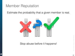 ©2013LinkedInCorporation.AllRightsReserved.
Member Reputation
Estimate the probability that a given member is real.
!
!
!
!
!
!
!
Stop abuse before it happens!
20
 