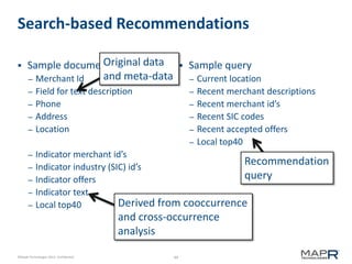 Search-based Recommendations


Original data
Sample document
and meta-data
– Merchant Id
–
–
–
–



Sample query
–

Field for text description
Phone
Address
Location

–
–
–
–

–
–
–
–
–
–

Current location
Recent merchant descriptions
Recent merchant id’s
Recent SIC codes
Recent accepted offers
Local top40

Indicator merchant id’s
Recommendation
Indicator industry (SIC) id’s
query
Indicator offers
Indicator text
Derived from cooccurrence
Local top40

and cross-occurrence
analysis
©MapR Technologies 2013- Confidential

44

 