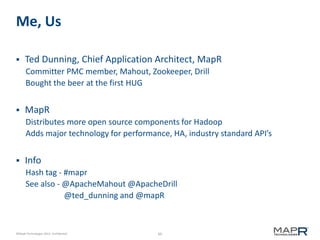 Me, Us


Ted Dunning, Chief Application Architect, MapR
Committer PMC member, Mahout, Zookeeper, Drill
Bought the beer at the first HUG



MapR
Distributes more open source components for Hadoop
Adds major technology for performance, HA, industry standard API’s



Info
Hash tag - #mapr
See also - @ApacheMahout @ApacheDrill
@ted_dunning and @mapR

©MapR Technologies 2013- Confidential

60

 