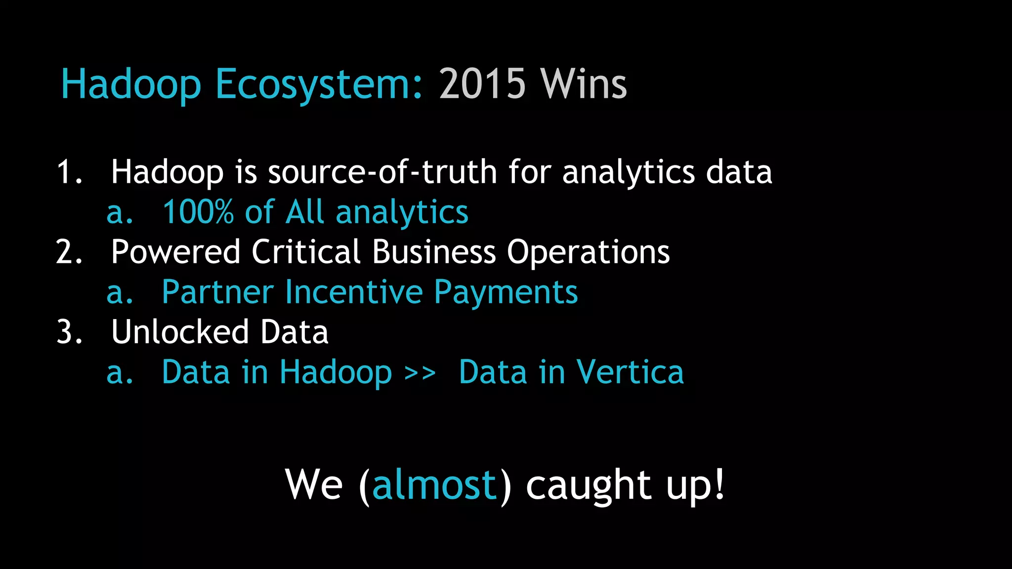 Hadoop Ecosystem: 2015 Wins
1. Hadoop is source-of-truth for analytics data
a. 100% of All analytics
2. Powered Critical Business Operations
a. Partner Incentive Payments
3. Unlocked Data
a. Data in Hadoop >> Data in Vertica
We (almost) caught up!
 