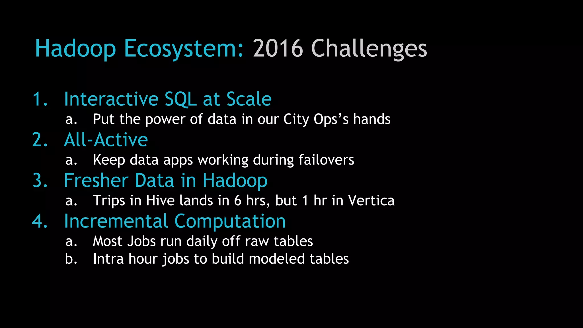 Hadoop Ecosystem: 2016 Challenges
1. Interactive SQL at Scale
a. Put the power of data in our City Ops’s hands
2. All-Active
a. Keep data apps working during failovers
3. Fresher Data in Hadoop
a. Trips in Hive lands in 6 hrs, but 1 hr in Vertica
4. Incremental Computation
a. Most Jobs run daily off raw tables
b. Intra hour jobs to build modeled tables
 