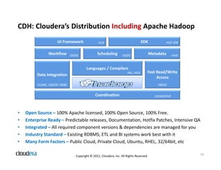 CDH: Cloudera’s Distribution Including Apache Hadoop
                     UI Framework                HUE                               SDK              HUE SDK


               Workflow       OOZIE             Scheduling         OOZIE                 Metadata      HIVE


                                        Languages / Compilers
                                                                       PIG, HIVE     Fast Read/Write
         Data Integration
                                                                                          Access
         FLUME, SQOOP, ODBC                                                                  HBASE


                                               Coordination                                ZOOKEEPER




•   Open Source – 100% Apache licensed, 100% Open Source, 100% Free.
•   Enterprise Ready – Predictable releases, Documentation, Hotfix Patches, Intensive QA
•   Integrated – All required component versions & dependencies are managed for you
•   Industry Standard – Existing RDBMS, ETL and BI systems work best with it
•   Many Form Factors – Public Cloud, Private Cloud, Ubuntu, RHEL, 32/64bit, etc

                                 Copyright © 2011, Cloudera, Inc. All Rights Reserved.                        16
 