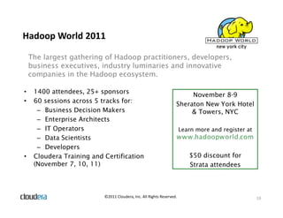 Hadoop World 2011

    The largest gathering of Hadoop practitioners, developers,
    business executives, industry luminaries and innovative
    companies in the Hadoop ecosystem.

•    1400 attendees, 25+ sponsors
                                                                        November 8-9
•    60 sessions across 5 tracks for:
                                                                   Sheraton New York Hotel
      – Business Decision Makers                                        & Towers, NYC
      – Enterprise Architects
      – IT Operators                                                   Learn more and register at
      – Data Scientists                                            www.hadoopworld.com
      – Developers
•    Cloudera Training and Certification                                  $50 discount for
     (November 7, 10, 11)                                                 Strata attendees



                           ©2011 Cloudera, Inc. All Rights Reserved.                                19
 