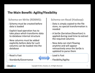 The Main Benefit: Agility/Flexibility

Schema-on-Write (RDBMS):                                  Schema-on-Read (Hadoop):
•   Schema must be created before                        •   Data is simply copied to the file
    data is loaded                                           store, no special transformation is
                                                             needed
•   Explicit load operation has to
    take place which transforms data                     •   A SerDe (Serializer/Deserlizer) is
    to database internal structure                           applied during read time to extract
                                                             the required columns
•   New columns must be added
    explicitly before data for such                      •   New data can start flowing
    columns can be loaded into the                           anytime and will appear
    database                                                 retroactively once the SerDe is
                                                             updated to parse them
•   Read is Fast                                         •   Load is Fast
                                        Benefits
•   Standards/Governance                                 •   Flexibility/Agility

                         Copyright © 2011, Cloudera, Inc. All Rights Reserved.                 5
 