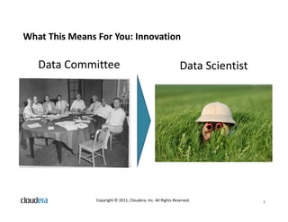 What This Means For You: Innovation

   Data Committee                                              Data Scientist




                Copyright © 2011, Cloudera, Inc. All Rights Reserved.           8
 