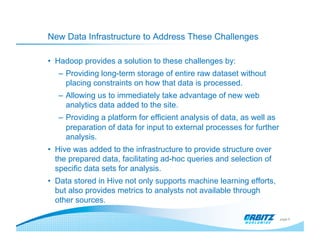 New Data Infrastructure to Address These Challenges

•  Hadoop provides a solution to these challenges by:
   –  Providing long-term storage of entire raw dataset without
      placing constraints on how that data is processed.
   –  Allowing us to immediately take advantage of new web
      analytics data added to the site.
   –  Providing a platform for efficient analysis of data, as well as
      preparation of data for input to external processes for further
      analysis.
•  Hive was added to the infrastructure to provide structure over
   the prepared data, facilitating ad-hoc queries and selection of
   specific data sets for analysis.
•  Data stored in Hive not only supports machine learning efforts,
   but also provides metrics to analysts not available through
   other sources.

                                                                        page 5
 