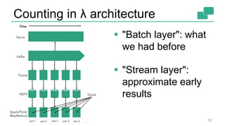 Counting in λ architecture
 "Batch layer": what
we had before
 "Stream layer":
approximate early
results
10
 