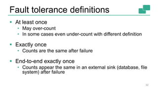Fault tolerance definitions
 At least once
• May over-count
• In some cases even under-count with different definition
 Exactly once
• Counts are the same after failure
 End-to-end exactly once
• Counts appear the same in an external sink (database, file
system) after failure
32
 