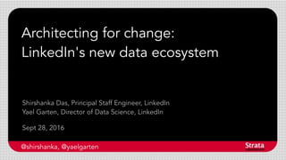 Architecting for change:
LinkedIn's new data ecosystem
Sept 28, 2016
Shirshanka Das, Principal Staff Engineer, LinkedIn
Yael Garten, Director of Data Science, LinkedIn
@shirshanka, @yaelgarten
 