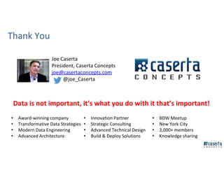 Joe Caserta
President, Caserta Concepts
joe@casertaconcepts.com
@joe_Caserta
• Award-winning company
• Transformative Data Strategies
• Modern Data Engineering
• Advanced Architecture
• Innovation Partner
• Strategic Consulting
• Advanced Technical Design
• Build & Deploy Solutions
• BDW Meetup
• New York City
• 3,000+ members
• Knowledge sharing
Data is not important, it’s what you do with it that’s important!
Thank You
 