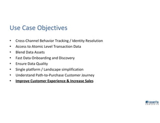 Use Case Objectives
• Cross-Channel Behavior Tracking / Identity Resolution
• Access to Atomic Level Transaction Data
• Blend Data Assets
• Fast Data Onboarding and Discovery
• Ensure Data Quality
• Single platform / Landscape simplification
• Understand Path-to-Purchase Customer Journey
• Improve Customer Experience & Increase Sales
 