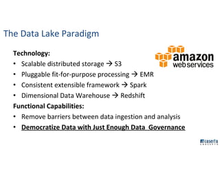 The Data Lake Paradigm
Technology:
• Scalable distributed storage S3
• Pluggable fit-for-purpose processing EMR
• Consiste...