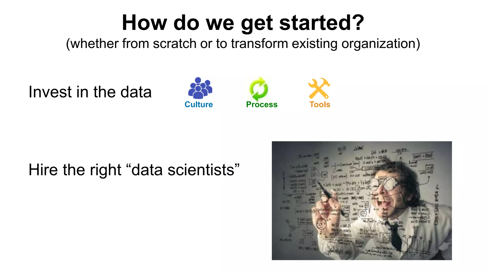 How do we get started?
(whether from scratch or to transform existing organization)
Invest in the data
Hire the right “data scientists”
Culture Process Tools
 