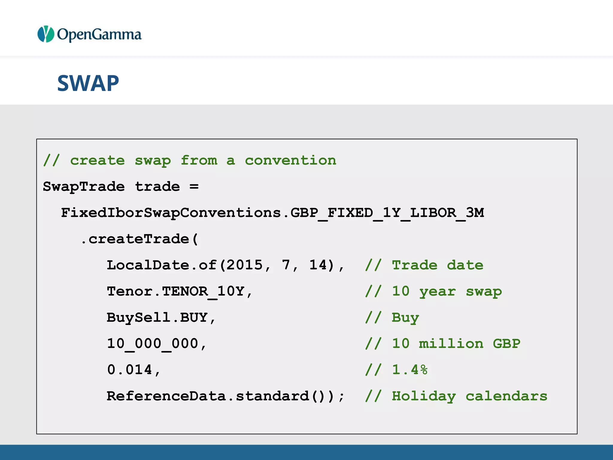 SWAP
// create swap from a convention
SwapTrade trade =
FixedIborSwapConventions.GBP_FIXED_1Y_LIBOR_3M
.createTrade(
LocalDate.of(2015, 7, 14), // Trade date
Tenor.TENOR_10Y, // 10 year swap
BuySell.BUY, // Buy
10_000_000, // 10 million GBP
0.014, // 1.4%
ReferenceData.standard()); // Holiday calendars
 