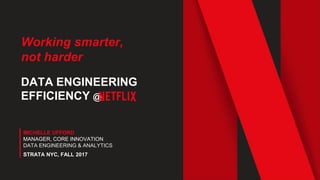 Working smarter,
not harder
DATA ENGINEERING
EFFICIENCY @
MICHELLE UFFORD
MANAGER, CORE INNOVATION
DATA ENGINEERING & ANALYTICS
STRATA NYC, FALL 2017
 