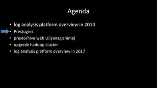 Agenda
• log	analysis	platform	overview	in	2014
• Prestogres
• presto/hive	web	UI(yanagishima)
• upgrade	hadoop cluster
• log	analysis	platform	overview	in	2017
 