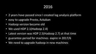 2016
• 2	years	have	passed	since	I	created	log	analysis	platform
• easy	to	upgrade	Presto,	Azkaban
• Hadoop	version	became	old
• We	used	HDP	2.1(Hadoop	2.4)
• Latest	version	was	HDP	2.5(Hadoop	2.7)	at	that	time
• guarantee	period	for	machines		expire	in	2017/6
• We	need	to	upgrade	hadoop in	new	machines
 