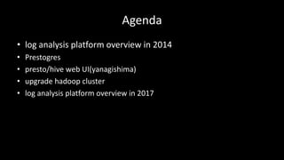 Agenda
• log	analysis	platform	overview	in	2014
• Prestogres
• presto/hive	web	UI(yanagishima)
• upgrade	hadoop cluster
• log	analysis	platform	overview	in	2017
 