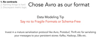 Data Modeling Tip
Say no to Fragile Formats or Schema-Free
Invest in a mature serialization protocol like Avro, Protobuf, ...