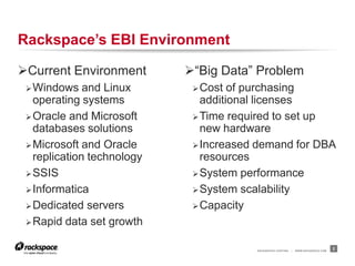 Rackspace’s EBI Environment

Current Environment        “Big Data” Problem
  Windows    and Linux       Cost  of purchasing
   operating systems           additional licenses
  Oracle and Microsoft       Time required to set up
   databases solutions         new hardware
  Microsoft and Oracle       Increased demand for DBA
   replication technology      resources
  SSIS                       System performance

  Informatica                System scalability

  Dedicated servers          Capacity

  Rapid data set growth


                                        RACKSPACE® HOSTING   |   WWW.RACKSPACE.COM
                                                                                     2
 