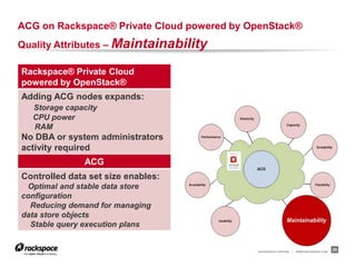 ACG on Rackspace® Private Cloud powered by OpenStack®
Quality Attributes – Maintainability

Rackspace® Private Cloud
powered by OpenStack®
Adding ACG nodes expands:
  Storage capacity
  CPU power
  RAM
No DBA or system administrators
activity required
               ACG
Controlled data set size enables:
 Optimal and stable data store
configuration
  Reducing demand for managing
data store objects
  Stable query execution plans


                                            RACKSPACE® HOSTING   |   WWW.RACKSPACE.COM
                                                                                         29
 