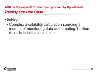 ACG on Rackspace® Private Cloud powered by OpenStack®
Rackspace Use Case
• Subject:
 • Complex availability calculation sourcing 3
   months of monitoring data and creating 1 billion
   records in initial calculation




                                            RACKSPACE® HOSTING   |   WWW.RACKSPACE.COM
                                                                                         35
 