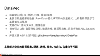 DataVec
● 机器学习的ETL（抽取、转换、装载）操作
● 主要目的是把原始数据（Raw Data）转化成可用的矢量格式，让所有的深度学习
工具都可以使用
● 支持CSV、原始文本及、图像数据
● 拥有强大功能：数据特征处理、数据清理、数据规范化。这些功能都可以在Spark
上
● 开源工具 ASF 2.0许可证：github.com/deeplearning4j/DataVec
主要解决企业的数据输出、隔离、清理、转换、格式化、矢量化等问题
 