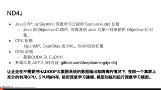 ● JavaCPP: 由 Skymind 深度学习工程师 Samuel Audet 创建
○ Java 到 Objective-C 的桥，可像其他 Java 对象一样来使用 Objective-C 对
象。
● CPU 后瑞
○ OpenMP、OpenBlas 或 MKL、与SIMD的扩展
● GPU 后瑞
○ 最新CUDA 及 CuDNN
● 开源工具 ASF 2.0许可证：github.com/deeplearning4j/nd4j
让企业在不需要把HADOOP大数据系统的数据输出和隔离的情况下，在同一个集群上
充分的利用GPU，CPU和内存，使用深度学习建模、模型训练和运行深度学习模型。
ND4J
 