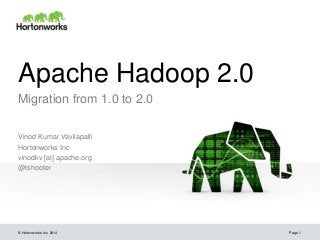 Apache Hadoop 2.0
Migration from 1.0 to 2.0
Vinod Kumar Vavilapalli
Hortonworks Inc
vinodkv [at] apache.org
@tshooter

© Hortonworks Inc. 2014

Page 1

 