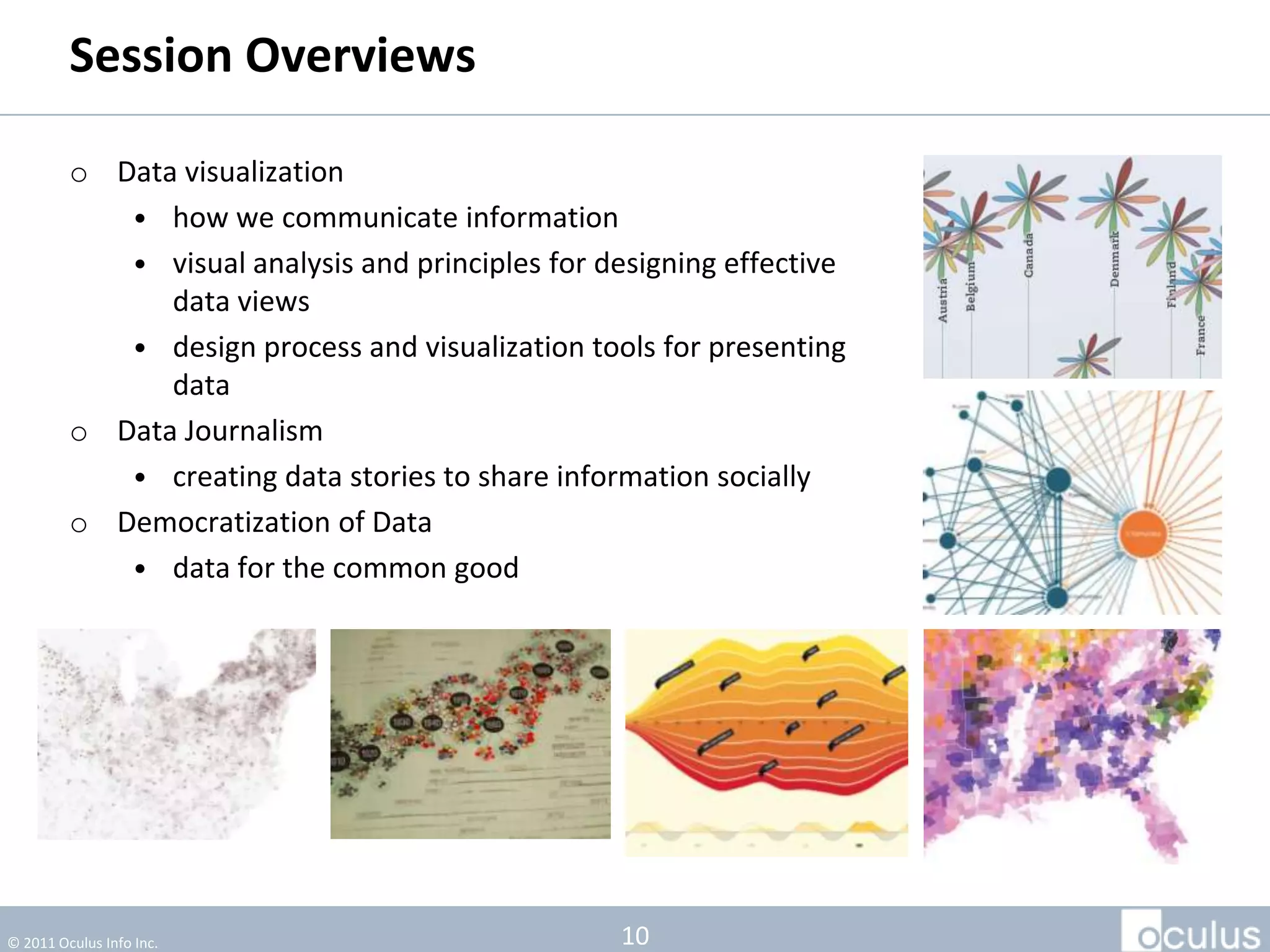 Session Overviews

         o Data visualization
            • how we communicate information
            • visual analysis and principles for designing effective
               data views
            • design process and visualization tools for presenting
               data
         o Data Journalism
            • creating data stories to share information socially
         o Democratization of Data
            • data for the common good




© 2011 Oculus Info Inc.                           10
 