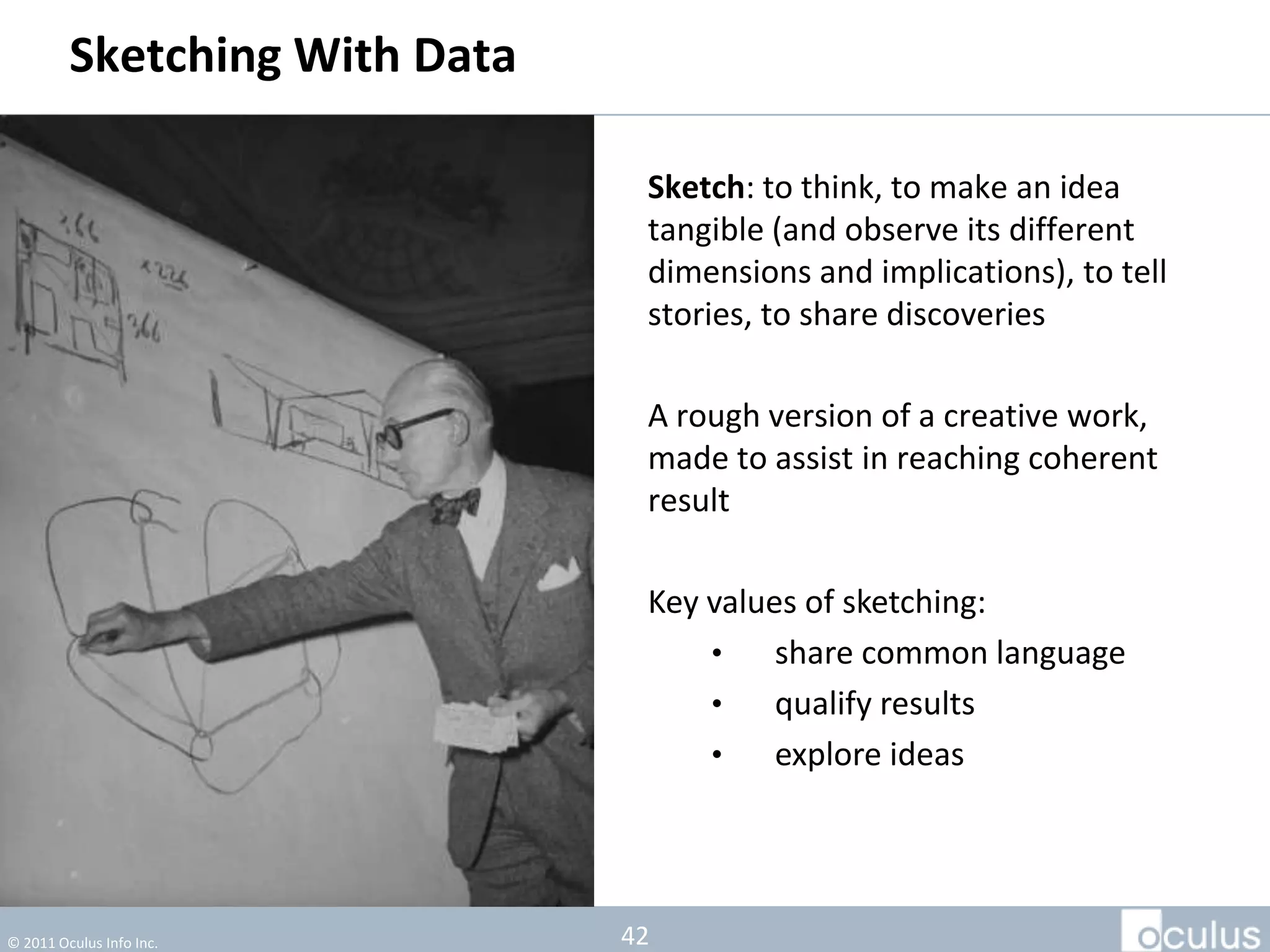 Sketching With Data

                                Sketch: to think, to make an idea
                                tangible (and observe its different
                                dimensions and implications), to tell
                                stories, to share discoveries

                                A rough version of a creative
                                work, made to assist in reaching
                                coherent result

                                Key values of sketching:
                                    •    share common language
                                    •    qualify results
                                    •    explore ideas




© 2011 Oculus Info Inc.        42
 