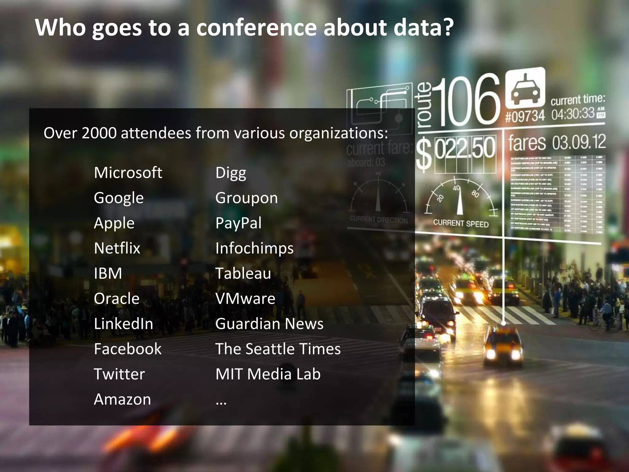 Who goes to a conference about data?


            Over 2000 attendees from various organizations:

                          Microsoft   Digg
                          Google      Groupon
                          Apple       PayPal
                          Netflix     Infochimps
                          IBM         Tableau
                          Oracle      VMware
                          LinkedIn    Guardian News
                          Facebook    The Seattle Times
                          Twitter     MIT Media Lab
                          Amazon      …


© 2011 Oculus Info Inc.                           4
 