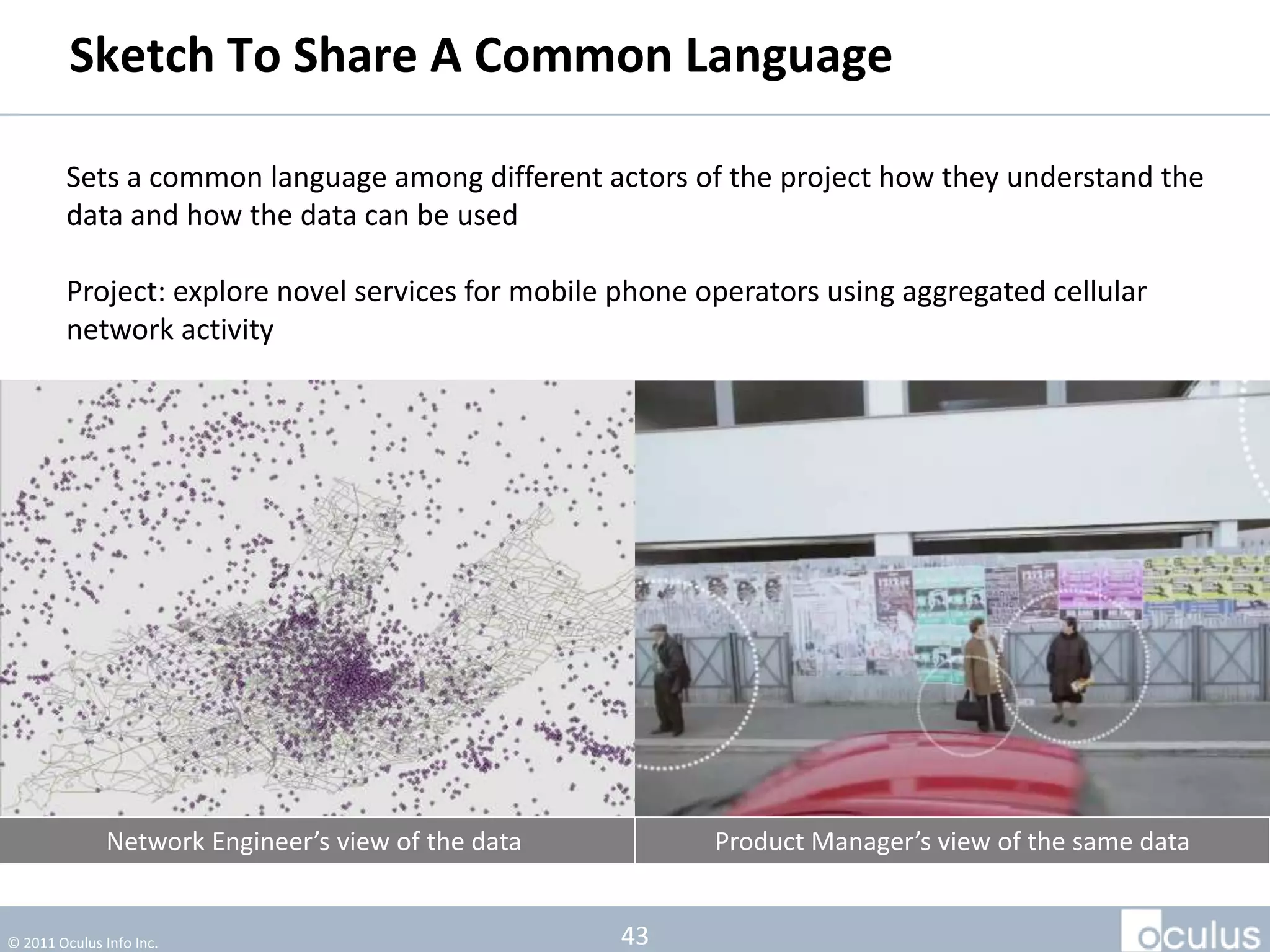 Sketch To Share A Common Language

         Sets a common language among different actors of the project how they understand the
         data and how the data can be used

         Project: explore novel services for mobile phone operators using aggregated cellular
         network activity




               Network Engineer’s view of the data         Product Manager’s view of the same data


© 2011 Oculus Info Inc.                              43
 