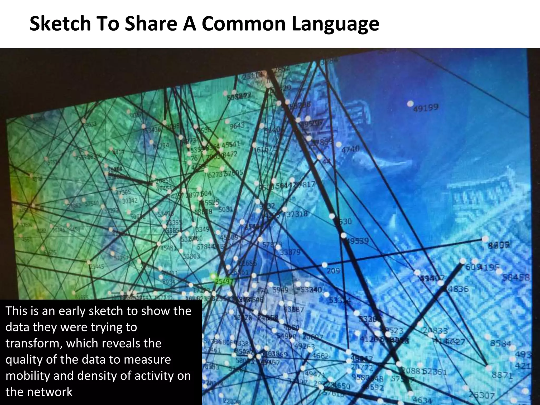 Sketch To Share A Common Language




This is an early sketch to show the
data they were trying to
transform, which reveals the
quality of the data to measure
mobility and density of activity on
the network                           44
© 2011 Oculus Info Inc.
 